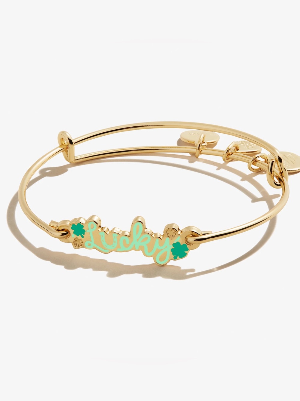 New Alex and Ani Gold-Plated 'Lucky' Script Bangle with Green Enamel